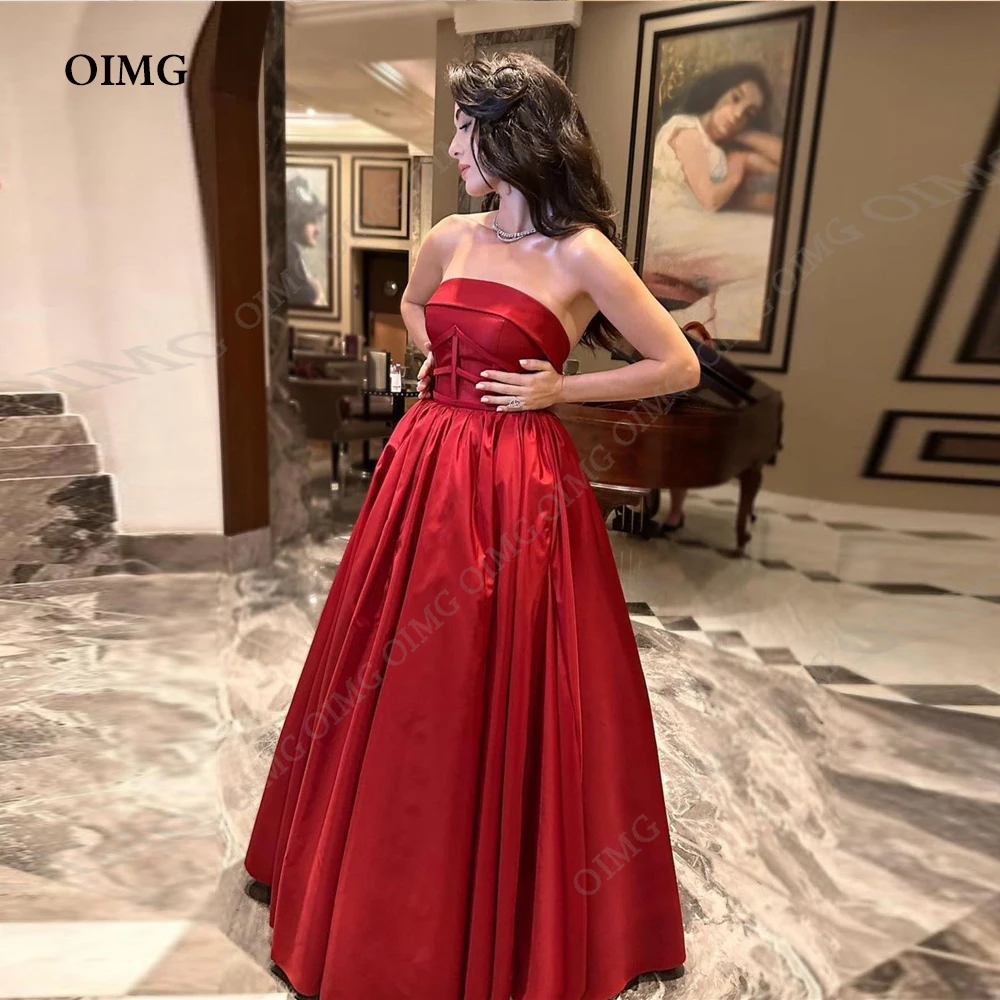 

OIMG Red A Line Satin Long Evening Dresses Pleats Strapless Sleeveless Prom Gowns Formal Party Dress Women Special Occasion