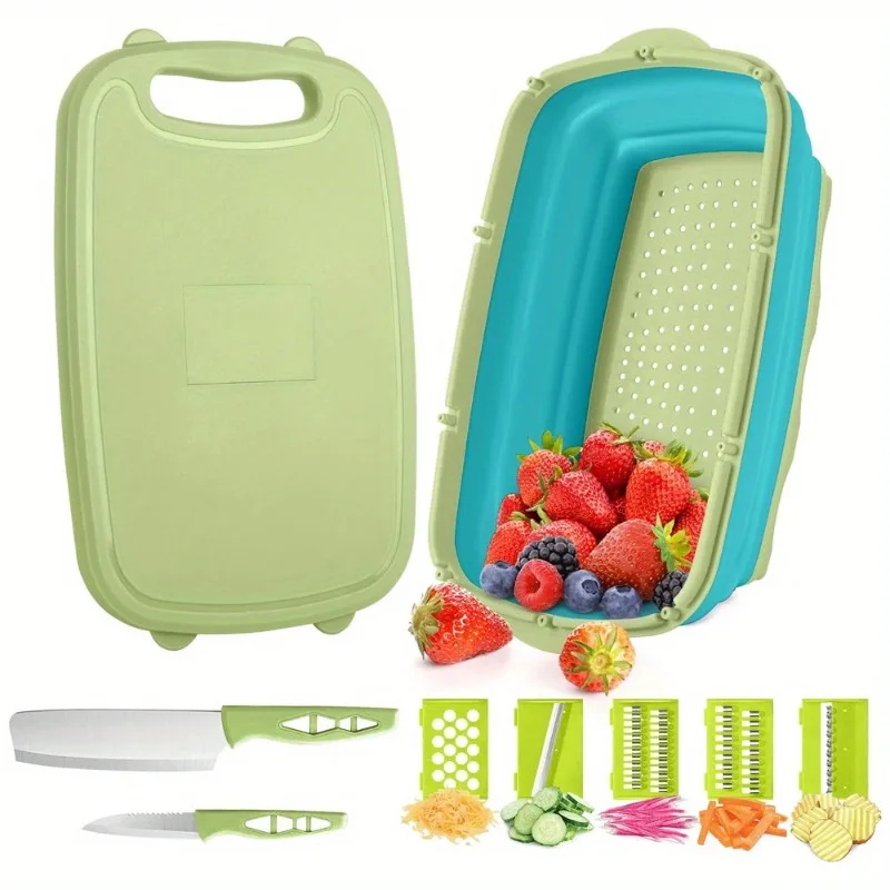 9 in 1 Camping cutting board Foldable cutting board with water filter Multi-functional Kitchen vegetable wash bask