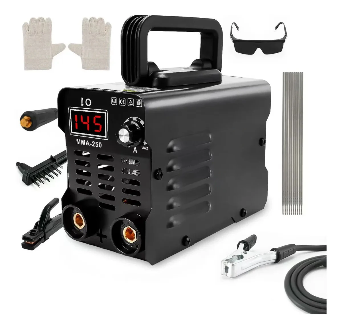 MMA-250 tragbares Schweißgerät 250A IGBT-Inverter mit digitaler Anzeige, geeignet für Heimwerker und industrielle Schweißarbeiten.