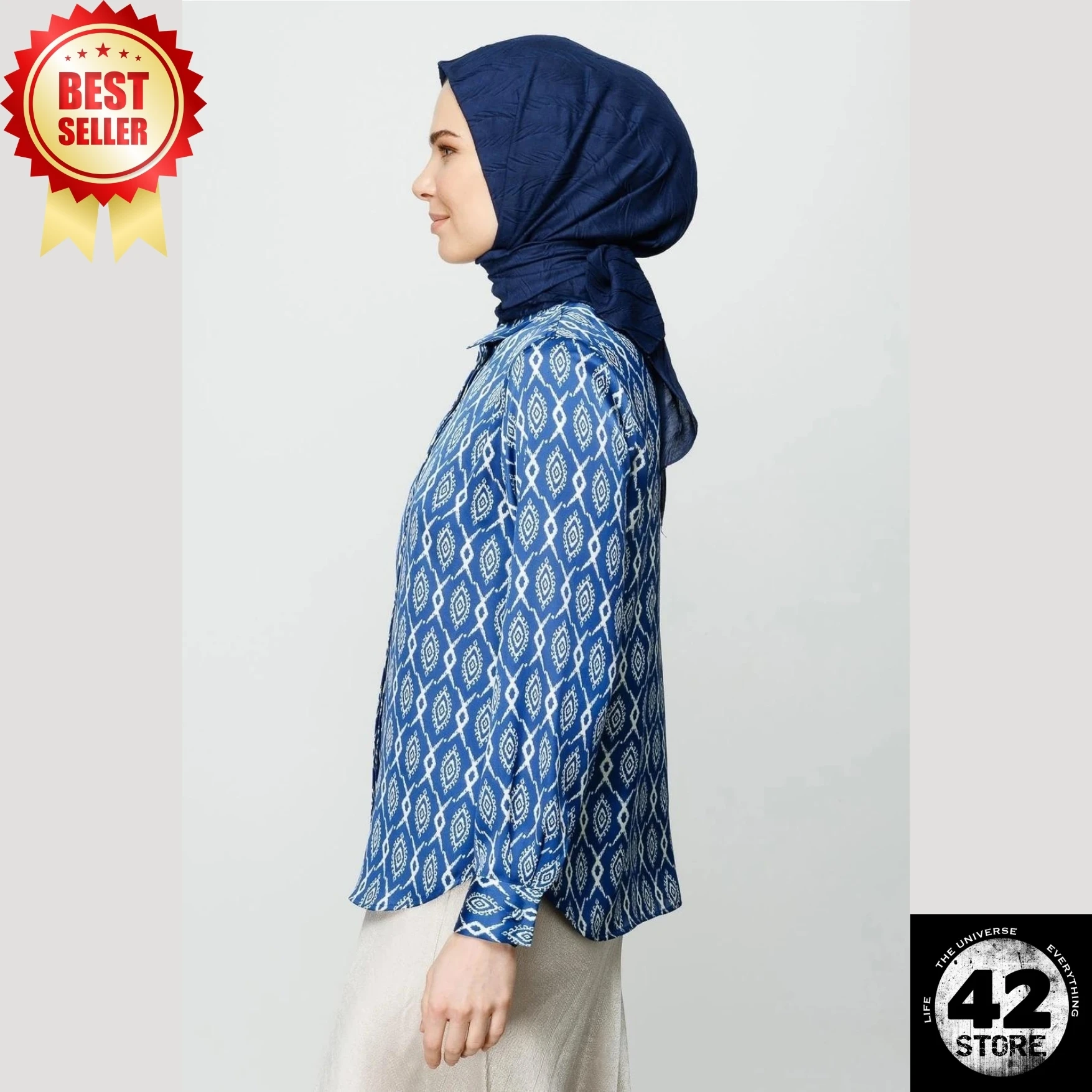 No Ironing Required, Can Be Used Without A Cap, Comfortable, Trendy Pleated Navy Blue Bamboo Scarf