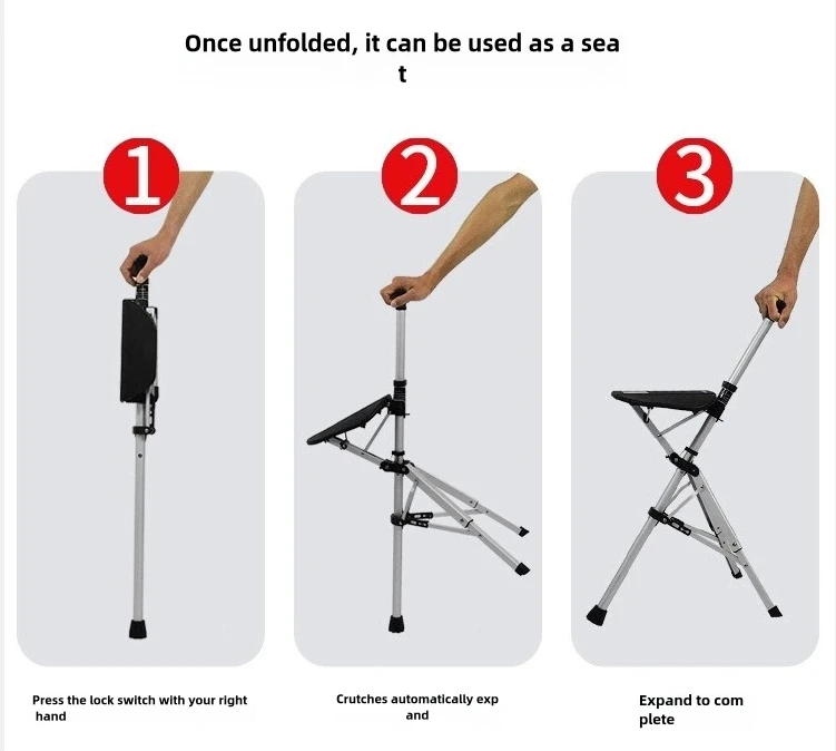 A 2-in-1 portable folding cane and chair combination that can be quickly folded and unfolded, equipped with a seat and three leg 6