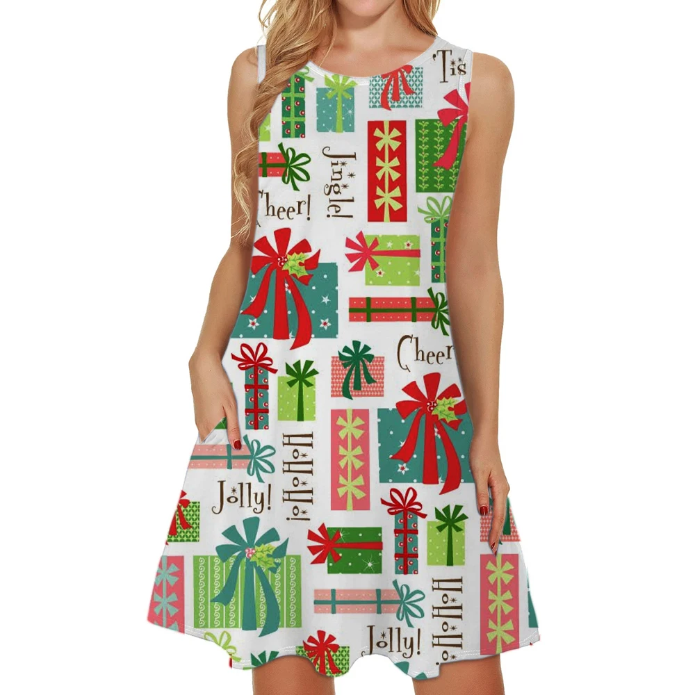 

Women's Sleeveless Dresses Tshirt Mini Dress With Pockets Versatile Christmas Kawaii Printed Fashion Loose Sundress Summer Party