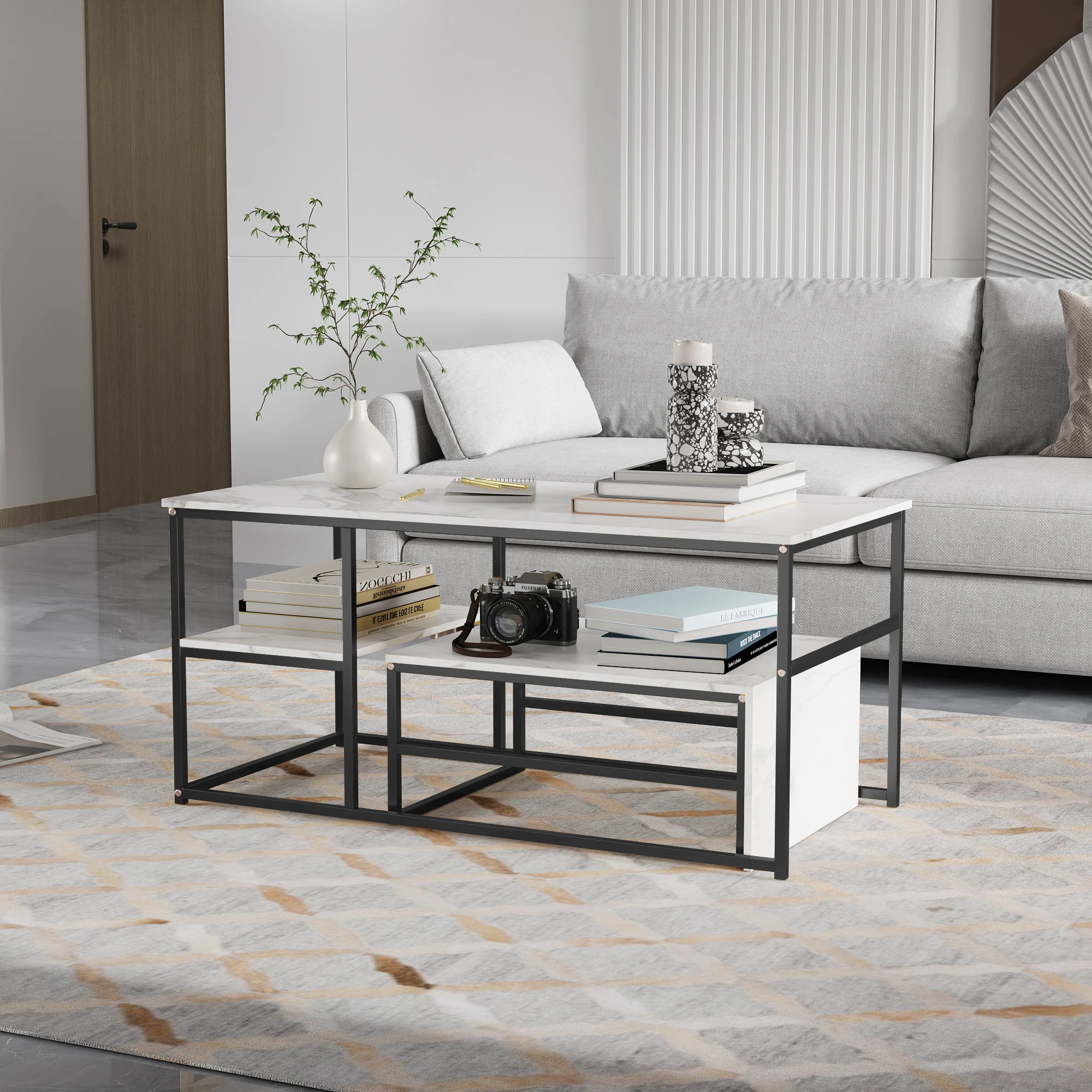 2-teiliges Wohnzimmertisch-Set, Couchtisch, Couchtisch mit Marmoreffekt und integriertem Stauraum, Sain-up-Lösung, Golden/Schwarz – Detail 3