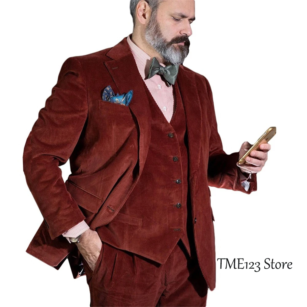 Mens suit Three-piece retro corduroy single-breasted slim-fit business suit jacket wedding best groomsman (jacket + vest + pant)