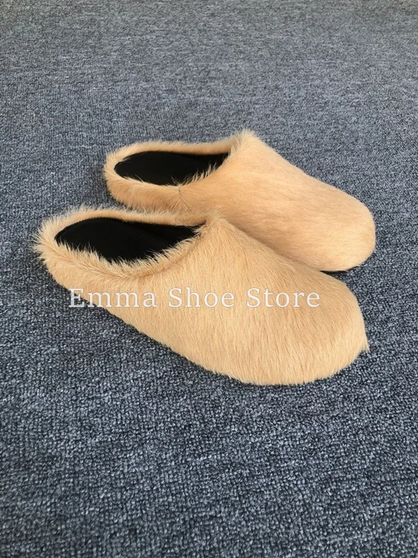 Roman Platform Thick Soled Round Toe Genuine Leather Slippers for Women Horse Hair Half Slippers Casual Flat Shoes Outer Wear 6