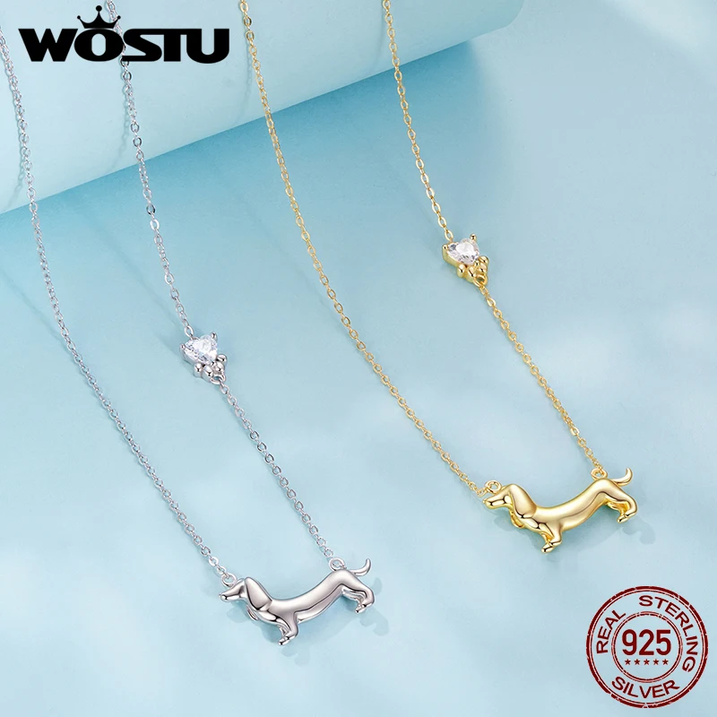 WOSTU Solid 925 Silver Dachshund Pendant Necklace 18K Gold Pet Paw Chain Link Dog Charm bracelets Earrings Rings For Pet Lover 5