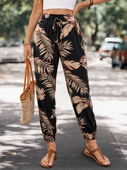 2025 Pantaloni da jogging tascabili estivi alla moda da donna Pantaloni casual con stampa vegetale allentata 1