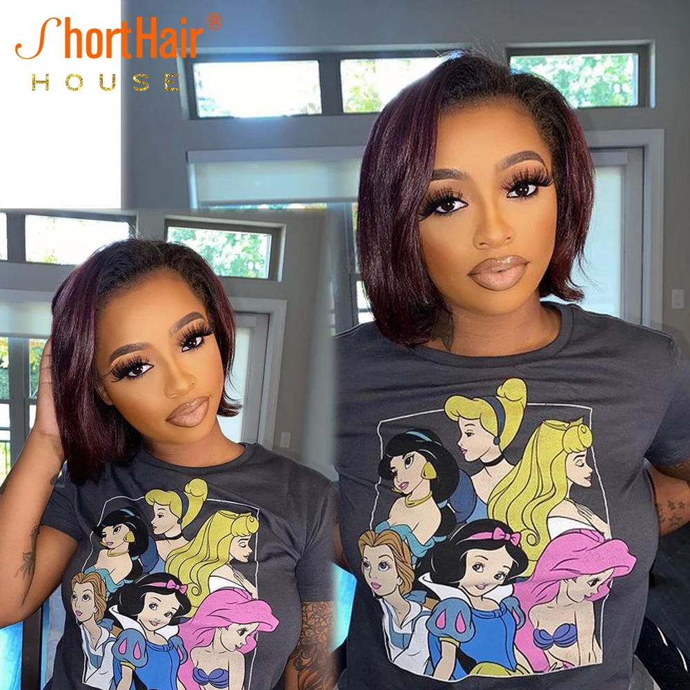 Burgundy Color Silky Bob Wigs Bone Straight Bob Human Hair Wig Ginger Orange Transparent 13X4 Lace Frontal Wig Human Hair Wigs