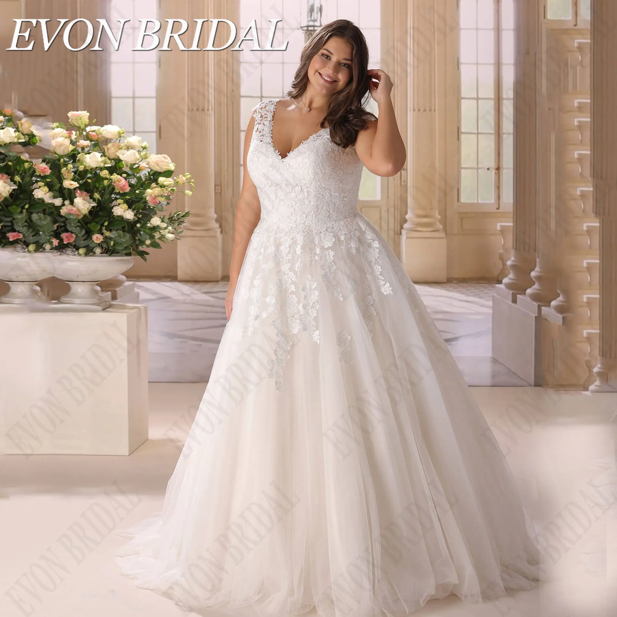 EVON BRIDAL Oversize Wedding Dress For Bride Cap Sleeves V Neck Robe De Mari&eacute;e Applique Elegant Bridal Gowns Customized