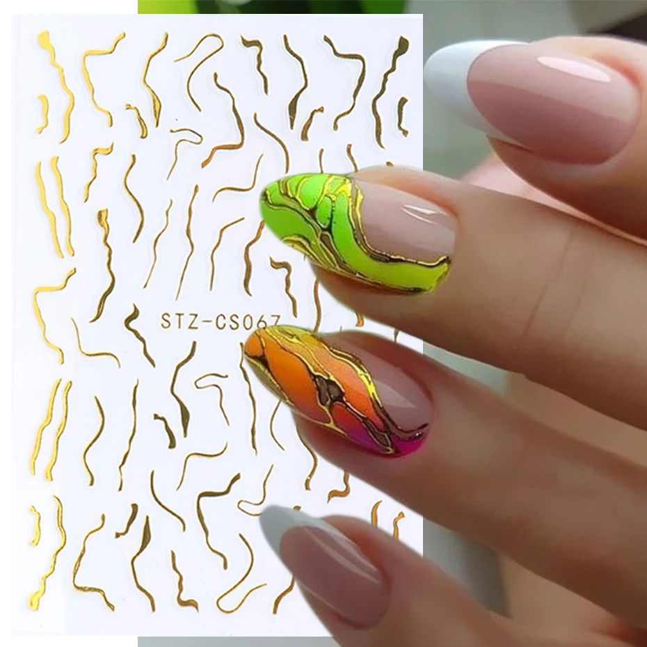 3D Metallic Golden Wavy Line Nail Sticker Marble Rainbow Swirl Stripe Tape Winter French Graphic Slider Decor Foils NLSTZ-CS067