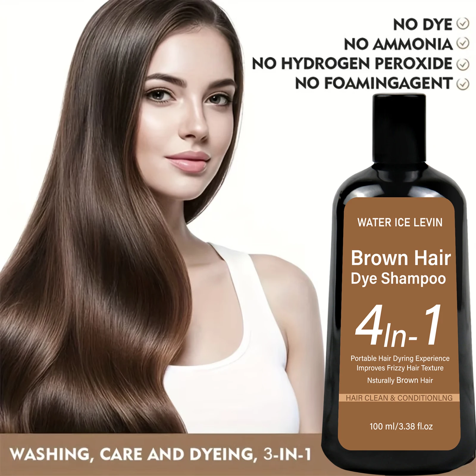 Shampoo colorante per capelli 4 in 1, colore castano naturale, con olio di ginseng e zenzero, nutriente, lisciante, anti-crespo, portatile, 100ml - immagine 2