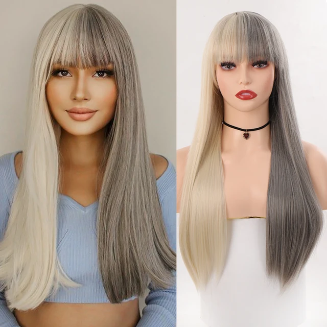 HUAYA Long Straight Wig with Bangs Purple-White Heat Resistant Synthetic Hair  Wigs for African American Girl Lolita Cosplay Wig