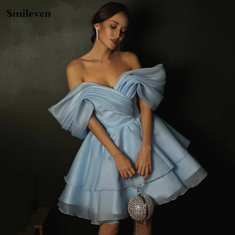 

Smileven Sky Blue Prom Dress Off The Shoulder Organza Party Gowns Midi Tea Length Formal Evening Dress 2024