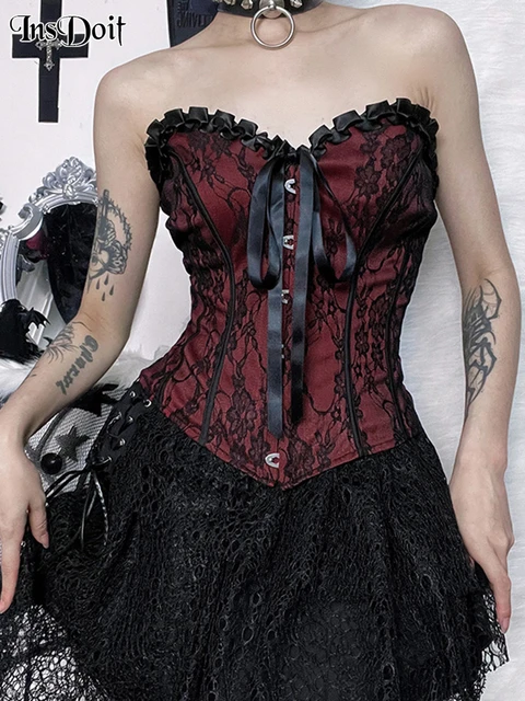 Insdoit Punk Corsets Tube Top Gothic Printed Lace Trim Sleeveless Metal  Buttons Lace-up Tank Top Court Elegant Fariy Grunge Top - Tanks & Camis -  AliExpress