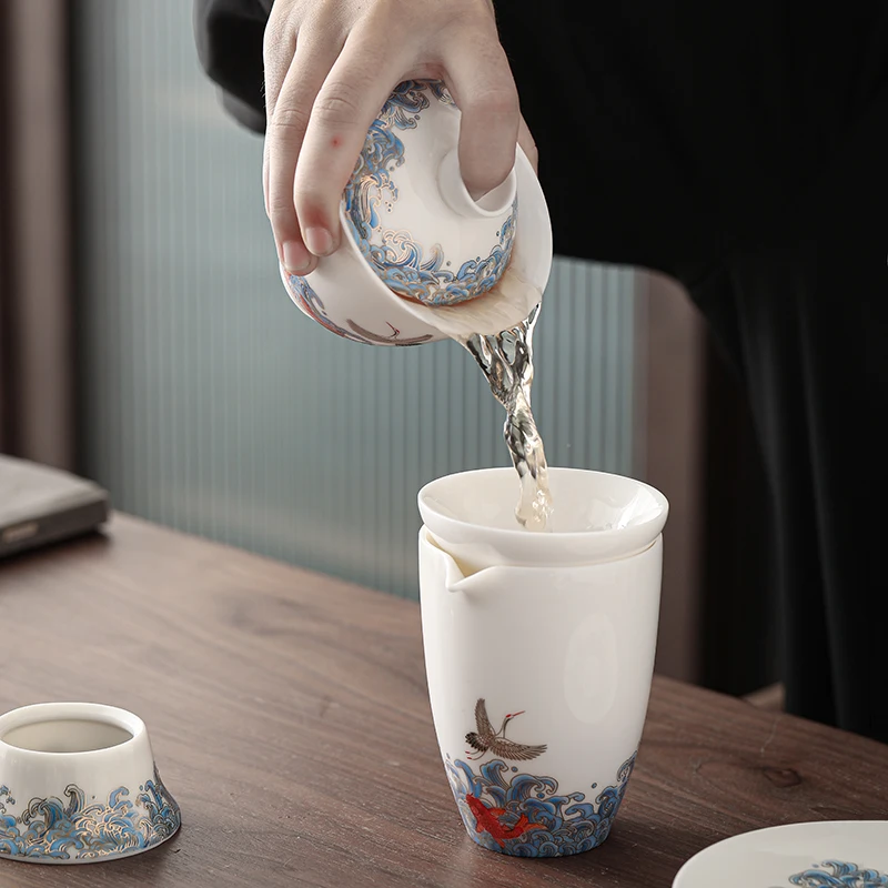 Suet jade crane Chinese ceramic gaiwan tea tureen cloud teaware cup Chinese fish tea bowls vintage chawan ceramony set