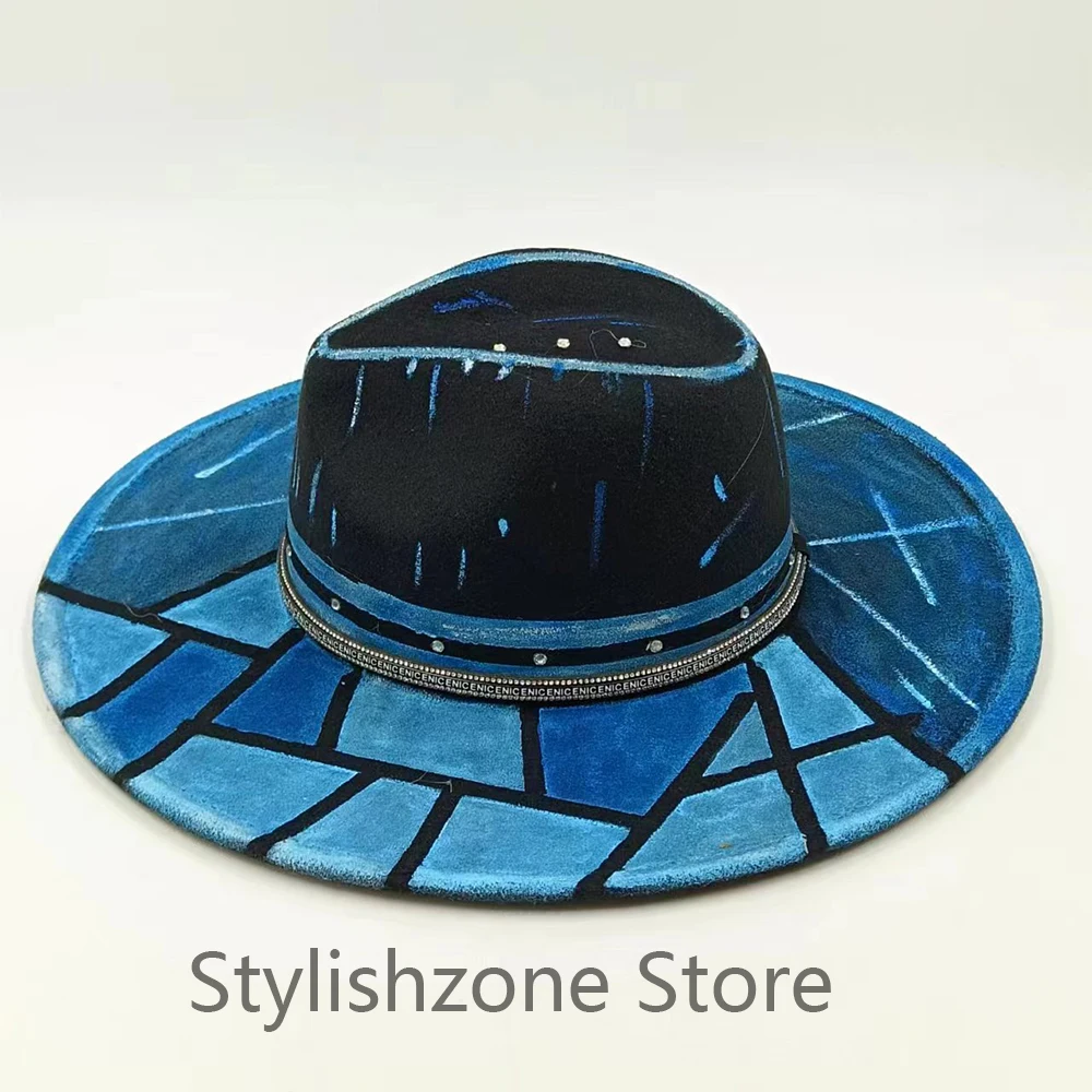 

Big Brim Women's and Men's Fedora British Style DIY Embroidery Winter Gentleman Elegant Women's 9.5CM Church Hat Blue