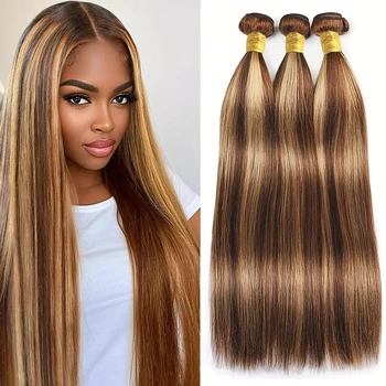 P4/27 Highlight Human Hair Bundles Straight Human Hair Bundles Brazilian Remy Hair Extensions Ombre Bundles For Women 1/3/4pcs 1