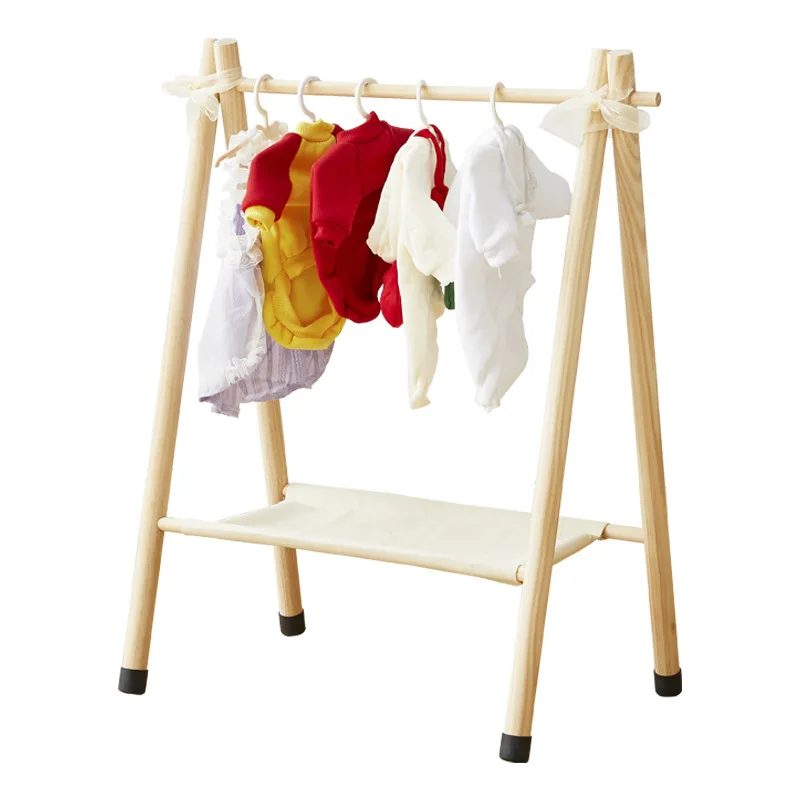 Mini Solid Wood Pet Dogs Dolls Baby Kids Clothes Coat Hanger Rack Doll House Furniture Garment Rack