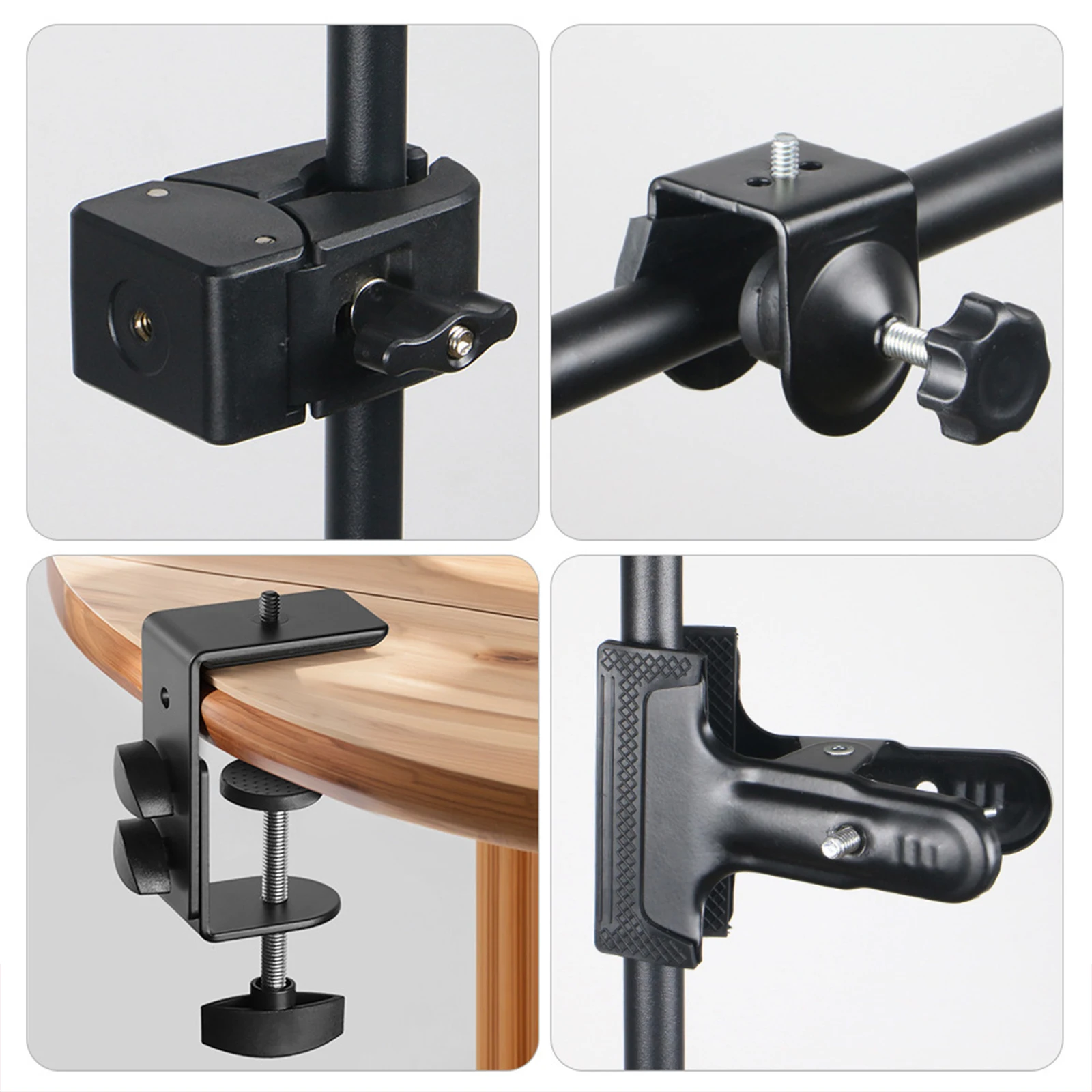 조정 가능한 작업 표면 장착 브래킷 데스크 클램프 1/4인치 스레드 인터페이스 비디오 조명 스탠드 카메라용 검정색 휴대용