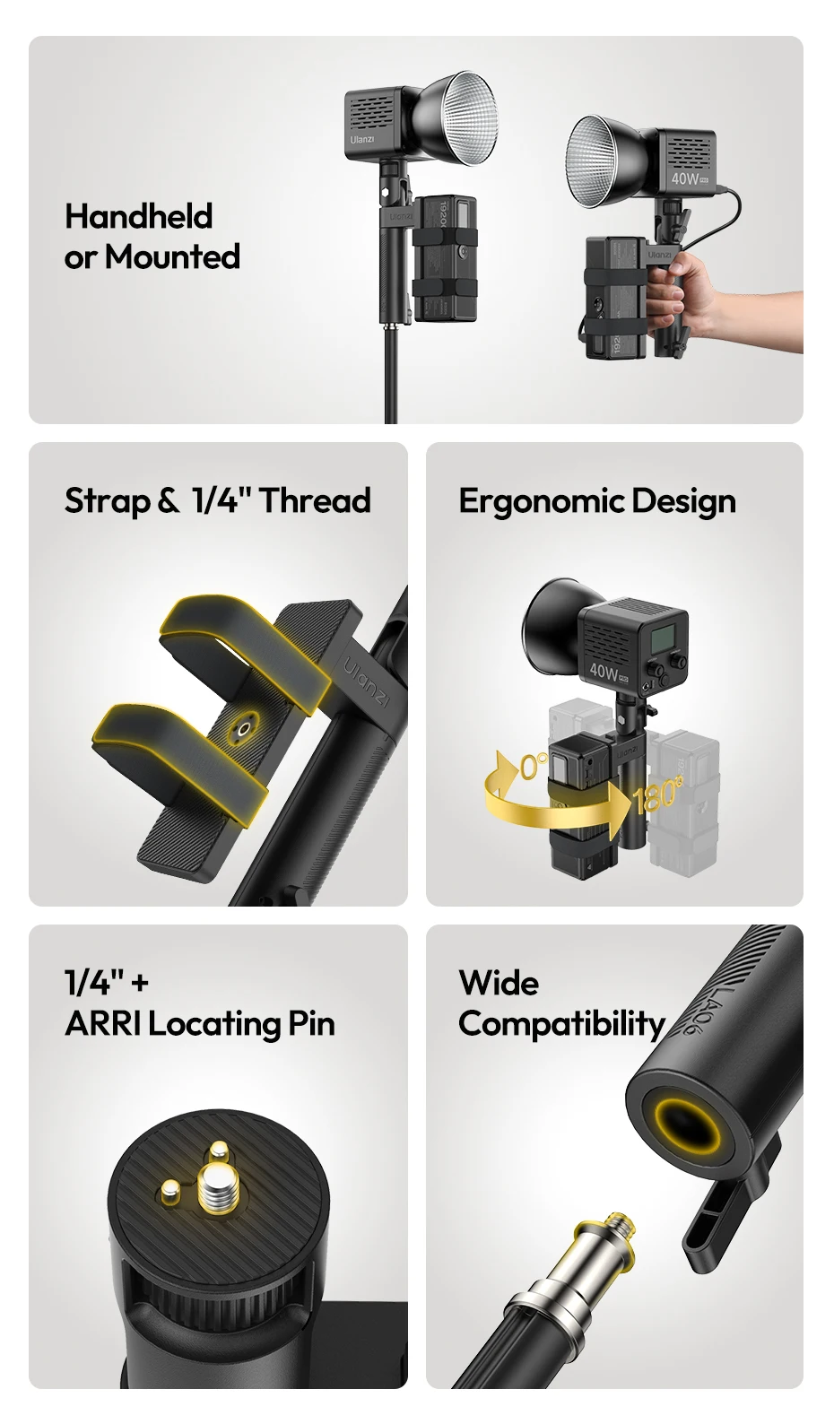 Light Handle Grip Light Stand with Power Mount Angle Adjustable for Fill Light C