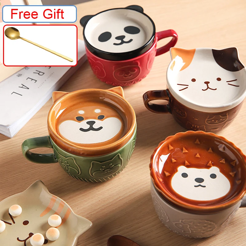 Taza de cerámica con forma de gato para niños, tazas de café con tapa de Shiba Inu, regalo de personalidad para el hogar, dibujos animados Kawaii, desayuno, leche de avena