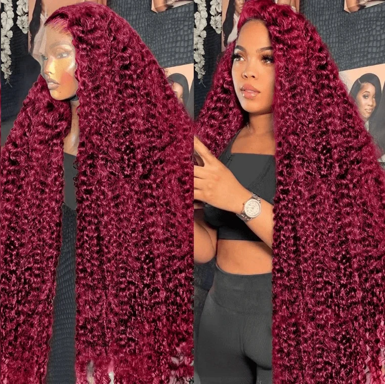 Burgundy 30Inch Jerry Curl 99J Lace Front Wigs Human Hair Wigs 13x4 HD Lace Front Wigs Human Hair Pre Plucked Burgundy Wig 1