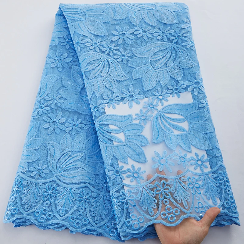 

SJD LACE Latest Nigerian Blue Laces 2022 High Quality 3028 for Wedding Dress Sew French Mesh Lace with Sequins DIY Party Dress