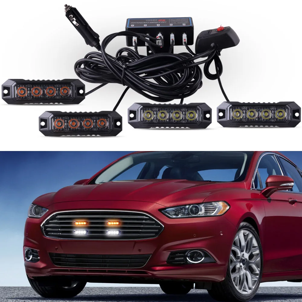4-LED Car Universal Emergency Strobe Flashing Grill Lights Flashing Amber Light For Car Truck Van Off Road Vehicle Road Safety