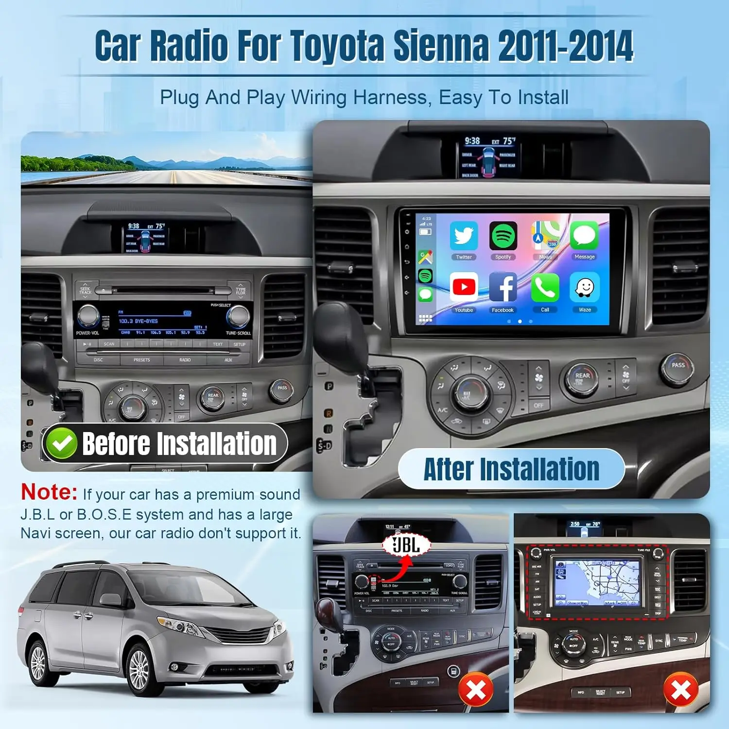 9 Inch Android Car Stereo For Toyota Sienna 2011-2014 - Wireless CarPlay & Android Auto With Backup Camera