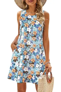 Abito da spiaggia estivo da donna stile bohémien senza maniche t-shirt con tasca floreale fresca, gilet e gilet elegante abito corto 1