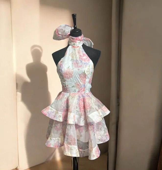 Chic Floral Printed Mini Dress Backless Sleeveless Hem Stacking Dresses photo review