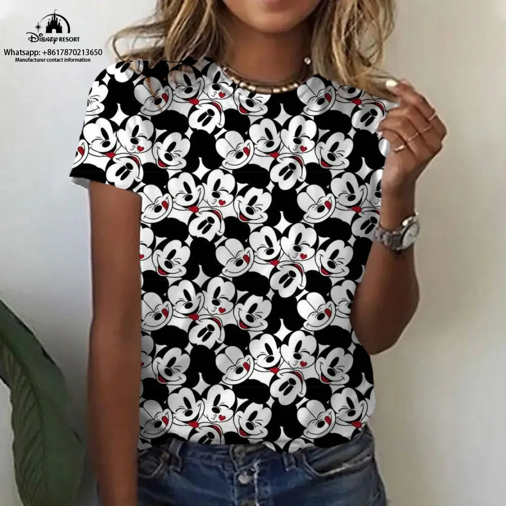 

2023 summer new Disney Mickey Minnie cartoon lady T-shirt round neck pullover short-sleeved casual street loose T-shirt top