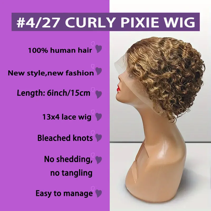 4/27 Highlight Blonde Pixie Short Curly Bob Wigs 13x4 Lace Front Wig Pixie Cut Wig Short Deep Curly Transparent Lace Frontal
