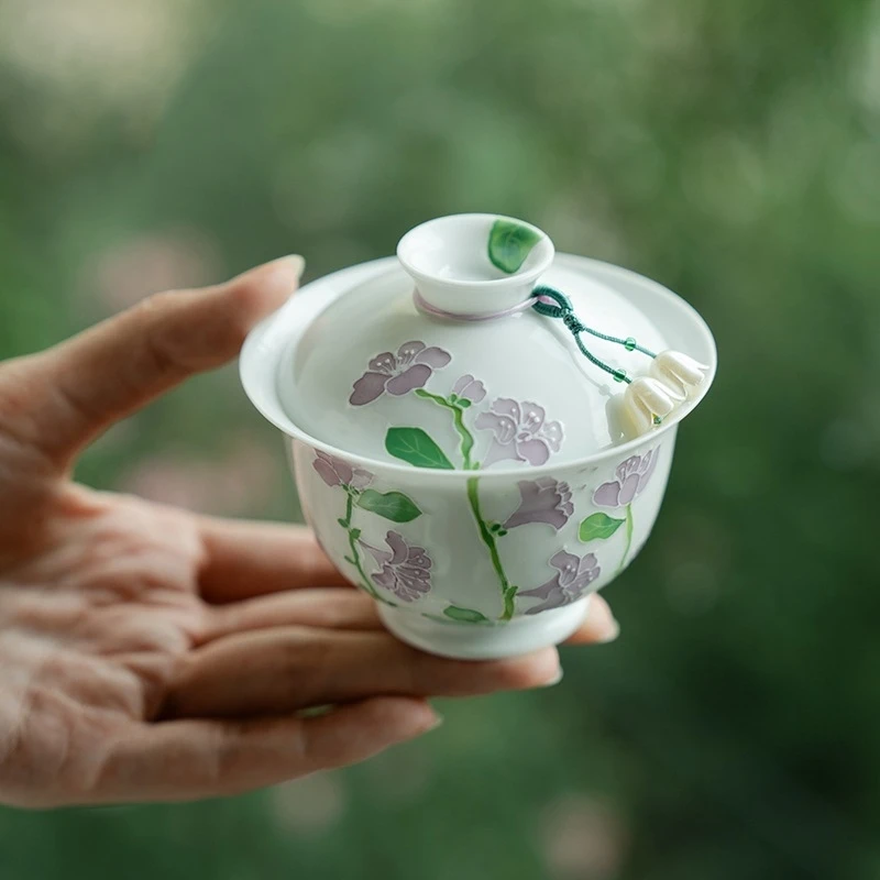 Hand Painted Lily Of The Valley Gaiwan Set For Tea Chinese Tureen White Tea Bowl Kung Fu Chawan Cups Lily Deng's Store