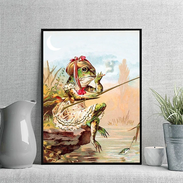 Smoking Cigar Lady Frog Fishing Vintage Poster Antique Funy Animal