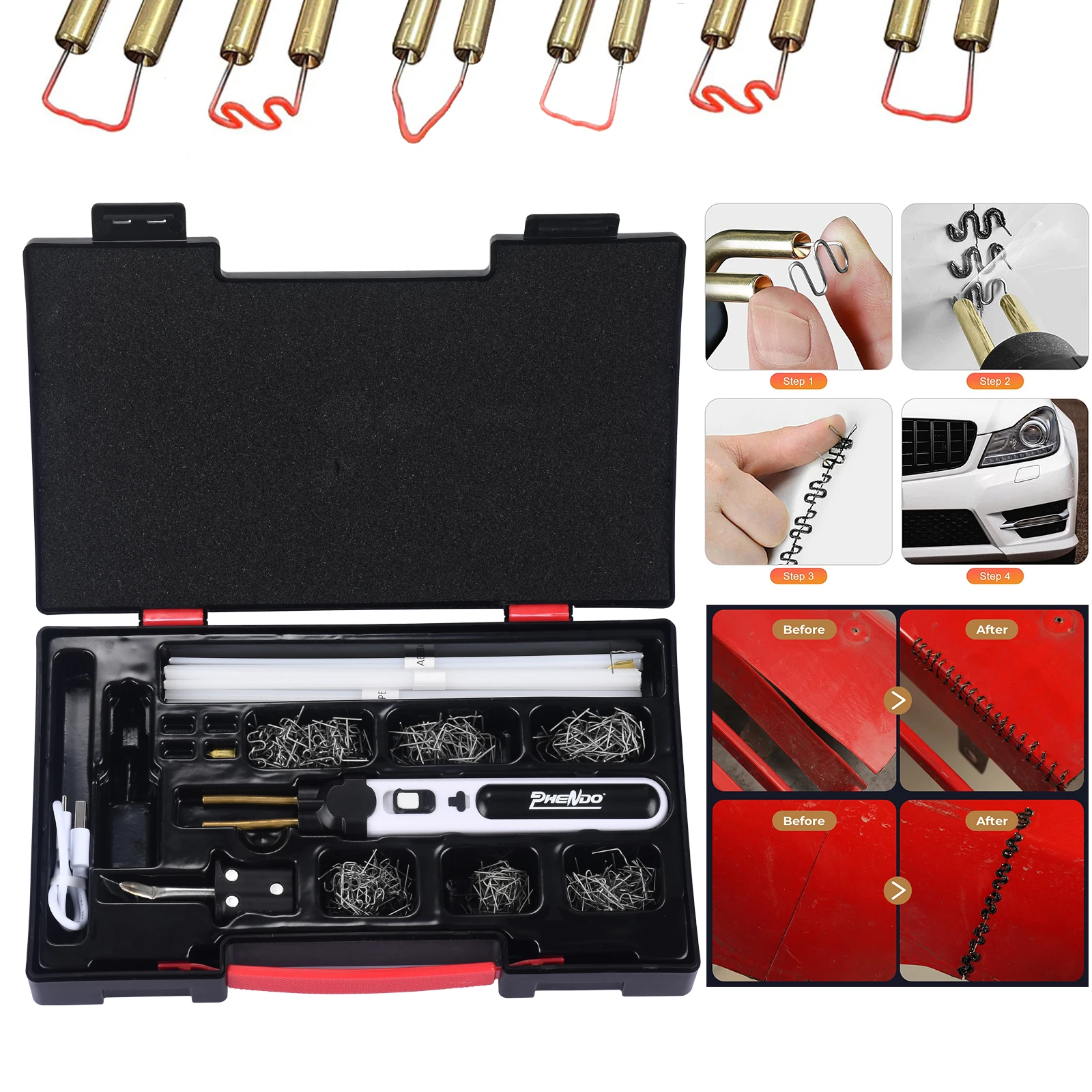 PHENDO Cordless hot Stapler Plastic Welder Heat Gun Plastic Welding Machine Bumper Soldering Iron Staples Bumper Repair Car Tool 2 3pcs 16 20mm soldering iron head for 80 watt iron plastic welding auto bumper welding replacement tips welder equipment access