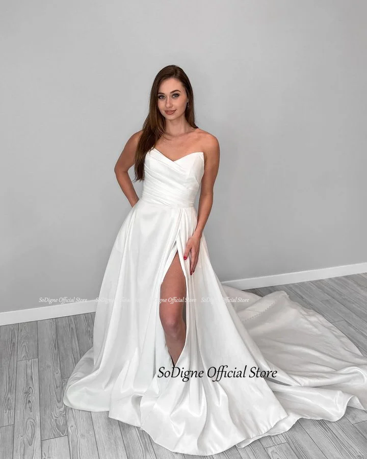 SoDigne A-line Simple Satin Wedding Dresses V-neck Sleeveless Bride Gown Women Split Bridal Dress vestidos de novia Customized 11 A1f8ae156fe0744a4a3f47ac56c2f06a7M
