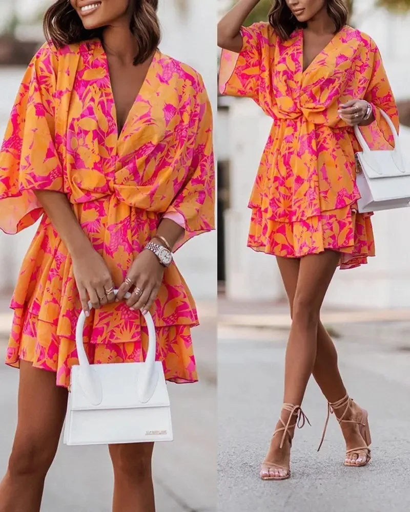 Vestido Floral Corto Con Manga Abombada Y Lazo – Ideal Para Verano, Playa Y Eventos Casuales