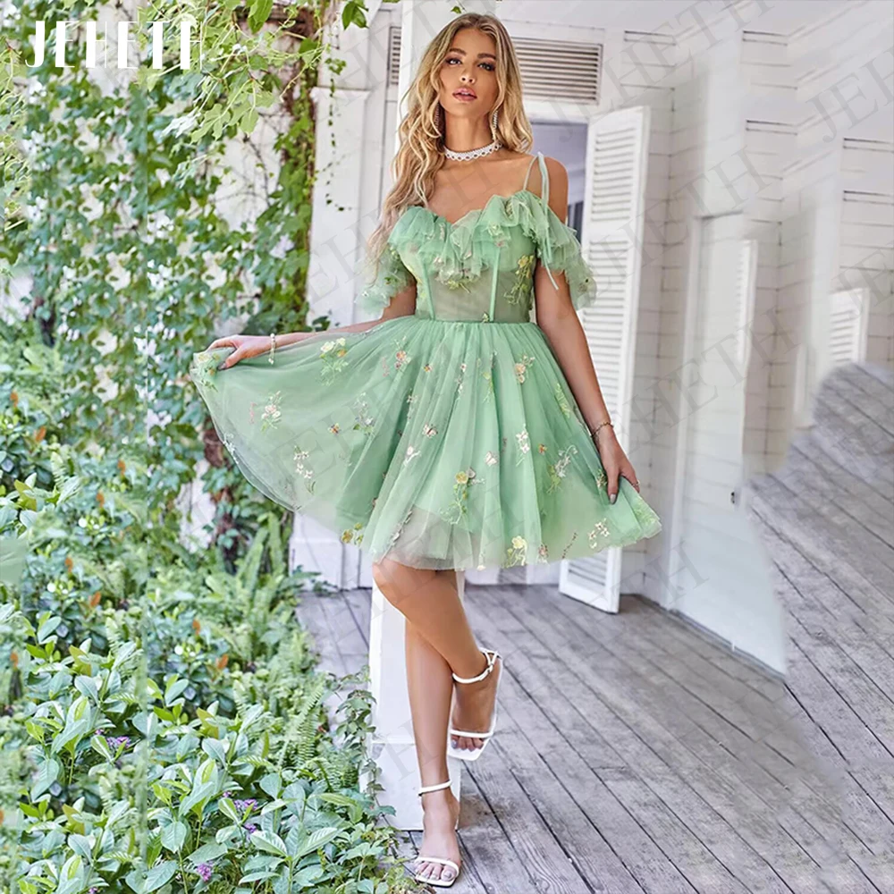 JEHETH Short Prom Dresses Green Homecoming Vintage Party Ruffle Embroidery Mini Evening Gown Off Shoulder Vestidos