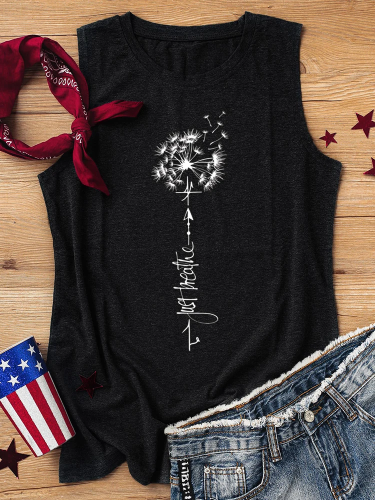 

Dandelion Graphic Tank Top Women Sleeveless Shirts Just Breathe Flowers Letter Print Inspirational Tee Tops Summer Casual Vest