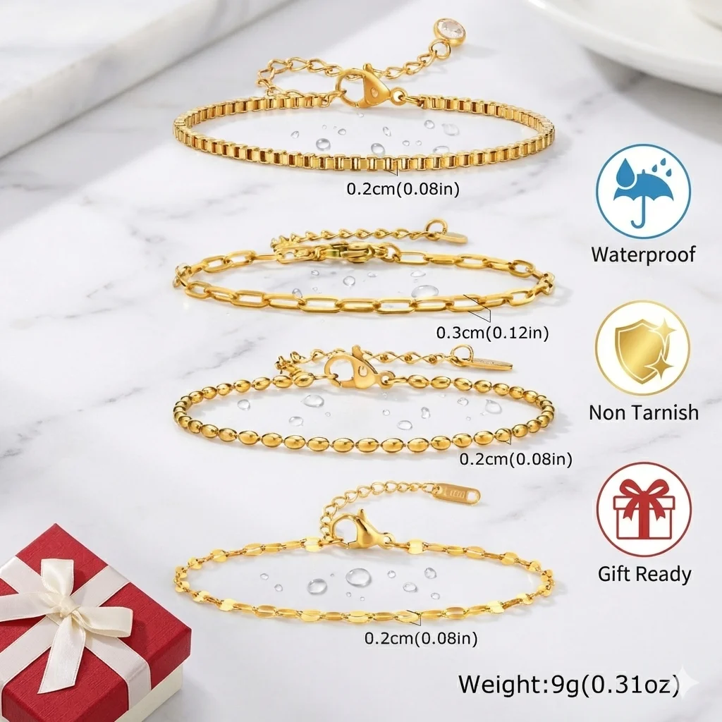 Non Tarnish Stainless Steel Bracelet Gold Plated Stackable for Women, Thin Herringbone Chain Bracelet Waterproof Jewelry Gift