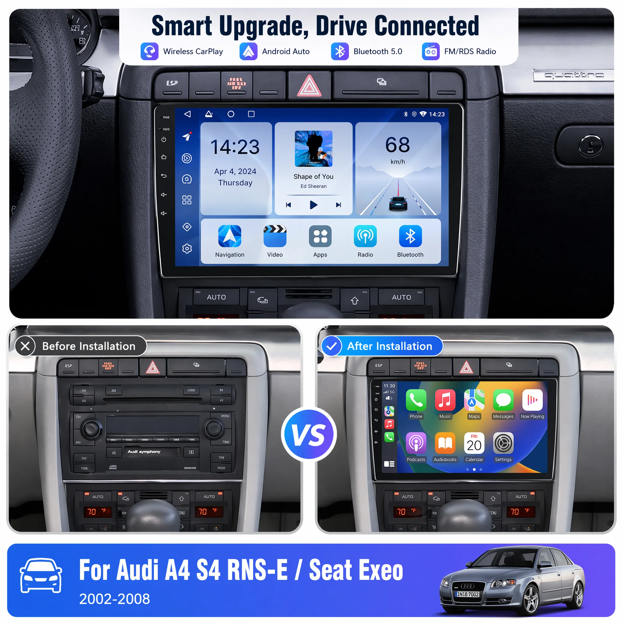 Radio para Auto Android 15 de 9 Pulgadas con CarPlay Inalámbrico para Audi A4 S4 RS4 8e 8f B6 B7 SEAT EXEO, Sistema Multimedia Inteligente con Apple CarPlay, Pantalla Táctil IPS, Reproductor de Video Estéreo, Autoradio, Navegación, BT, GPS, 5G, WIFI, FM, AM, DSP, RDS, SWC 2