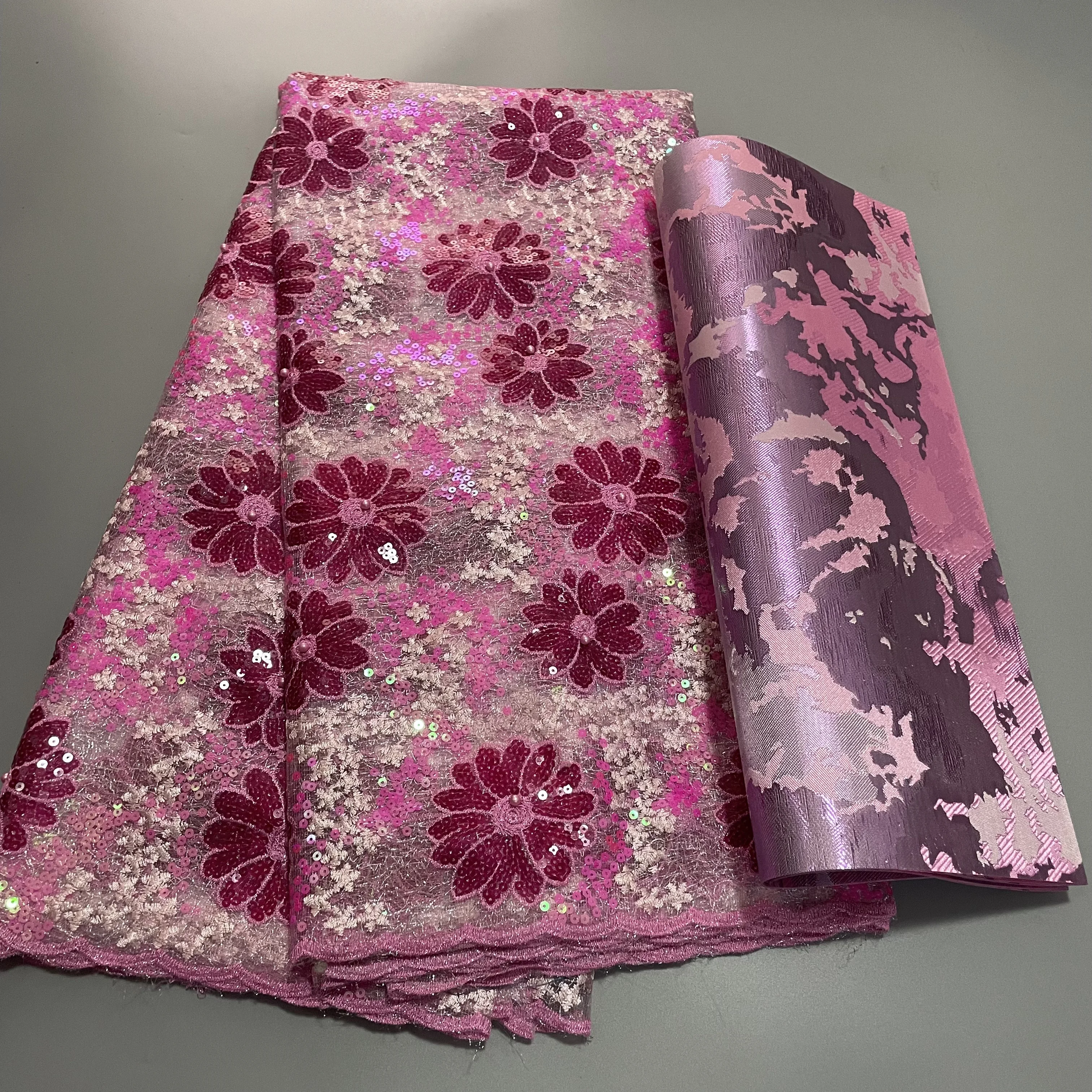 Nigerian Sequins Pink Lace Fabric African Guipure French Lace Material 5Yards With 3D Sego Headtie Wrap 2PCS