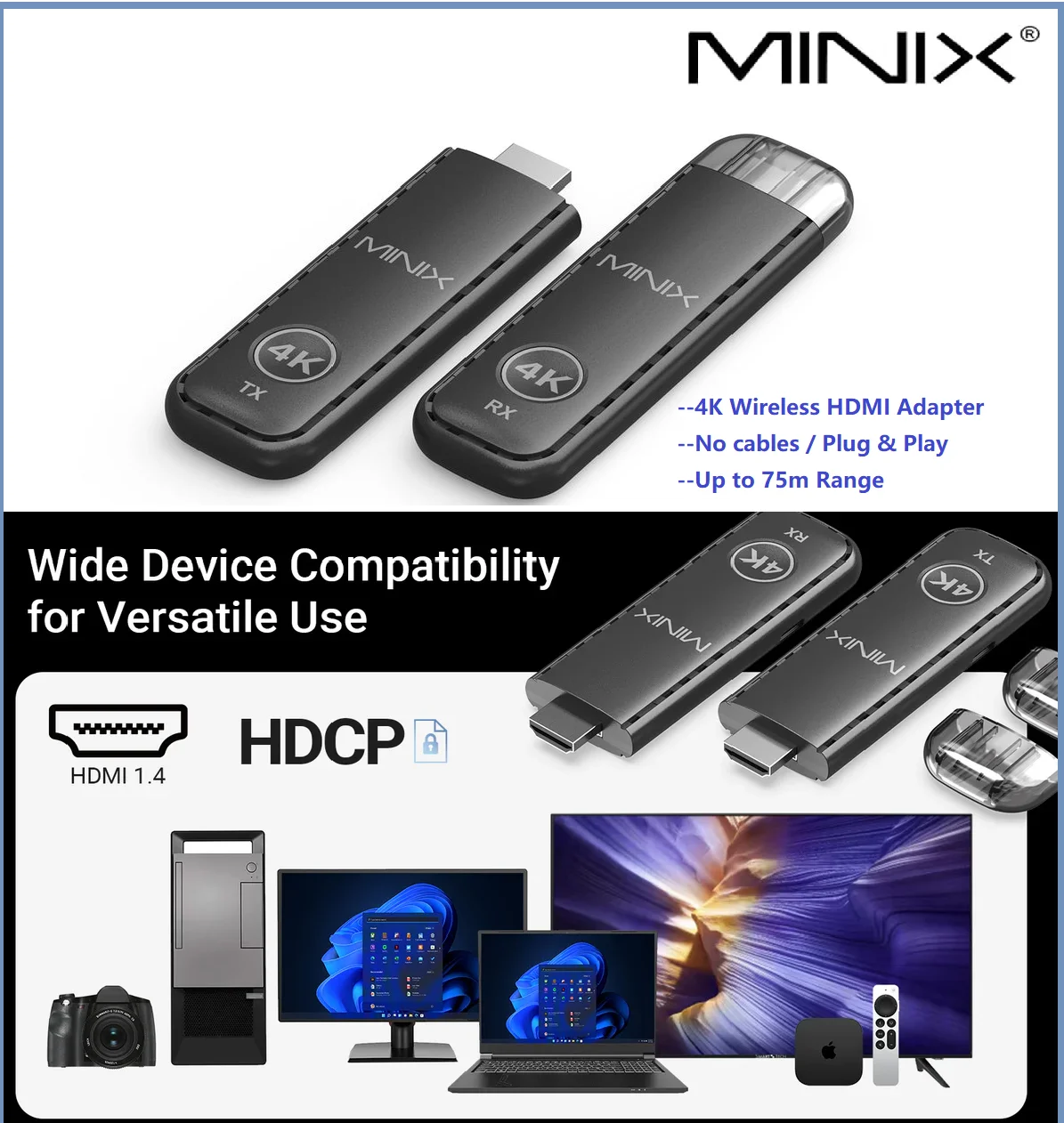 MINIX Wireless HDMI Plug and Play- Multi-Screen, Erweiterung, 1080p, 164FT/50M, WiFi 5G/60Hz, für Monitor, Laptop
