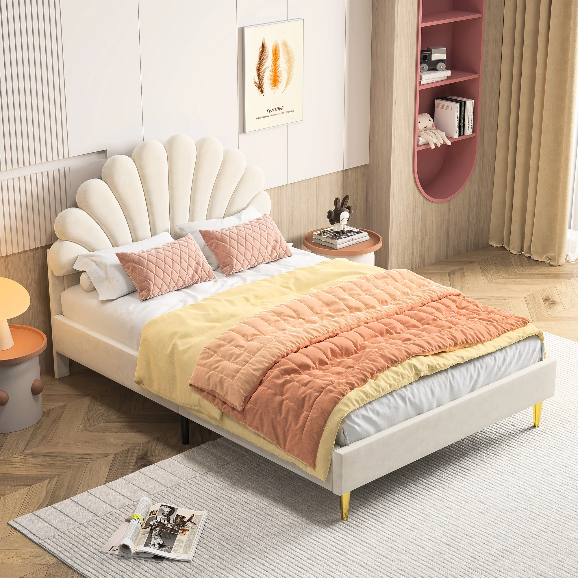 Rosahqnda Kinderbett Einzelbett Polsterbett 90x200cm, Blumenförmiges Kopfteil und Lattenrost,Samtstoff,Mädchenbett,Ohne Matratze – Detail 28