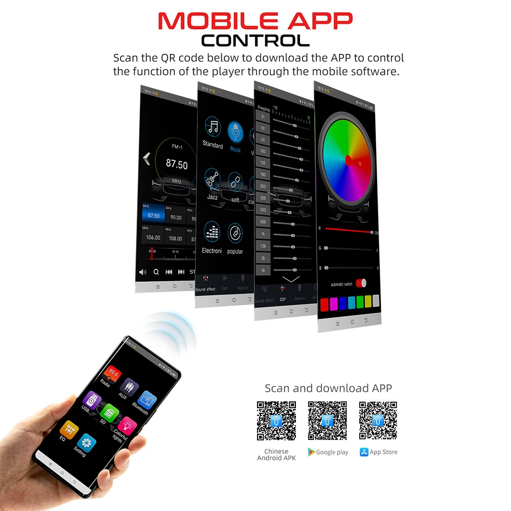 Autoradio universel FM, Bluetooth, lecteur MP3, lumières colorées, assistant vocal, encastrable dans le tableau de bord, 1 DIN