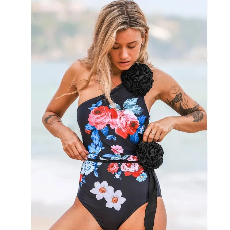 

2023 Sexy Oblique Shoulder 3D Flower One Piece Swimsuit Swimwear Women Beachwear Luxury Bathing Suit