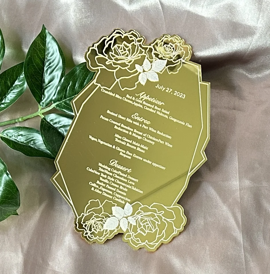 Gold Mirror Acrylic Menu Card, Acrylic Invitation, Laser Etched, Engraved  Mirror, Wedding Menu, Mirror Acrylic, image size:943x957