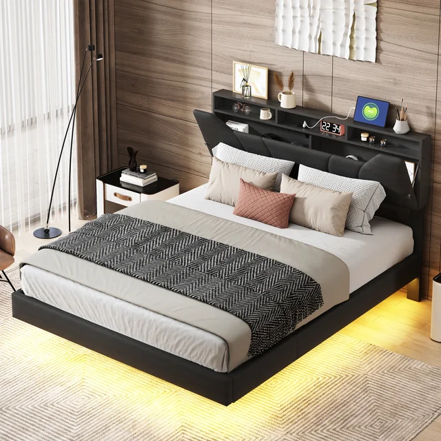 Rosahqnda Letto morbido, Letto portaoggetti con pressione dell'aria, con porte di ricarica LED e USB, Testiera regolabile, Camera da letto, Adulti, Giovani, PU nero 3