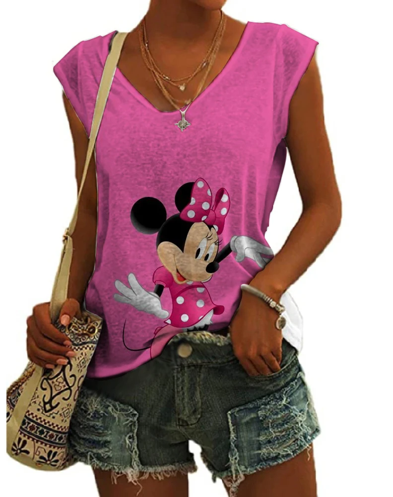 

2023 New 3D Printing Vest Women's Sleeveless Disney Summer Minnie Mickey Mouse Loose T-Shirt Women's V Neck Tank Top